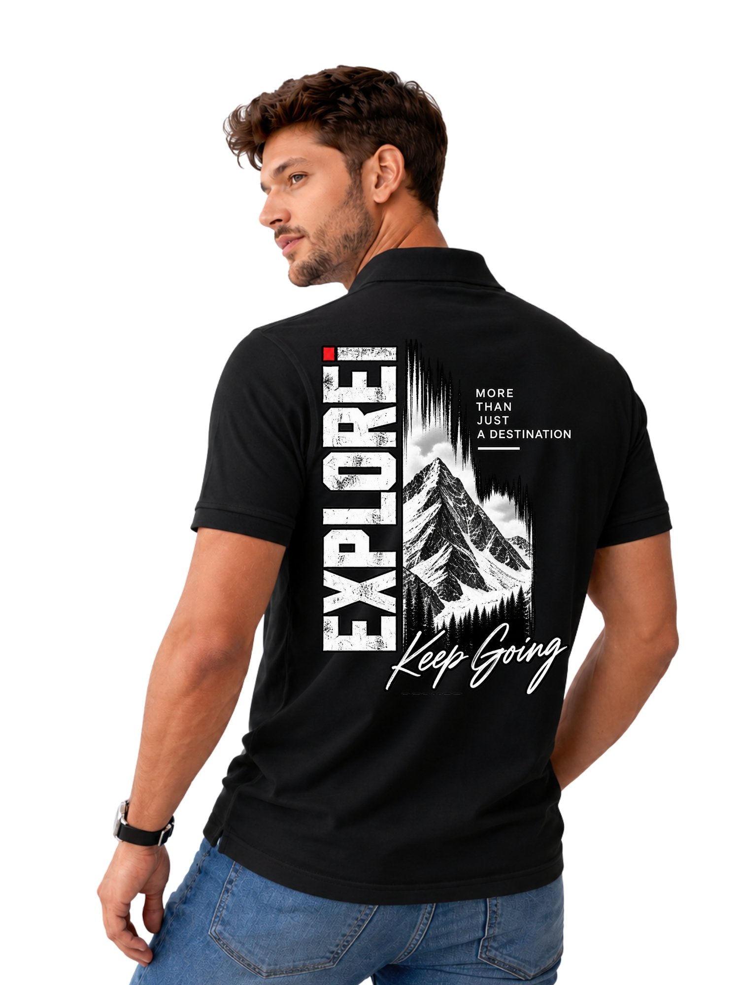 REDYEZ Men's Black Bio Wash Mountain Graphic Polo T-Shirt